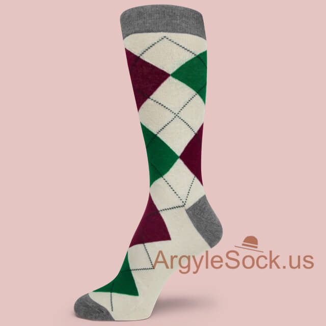 Cream with Burgundy/Maroon and Green Argyle Mans Sock