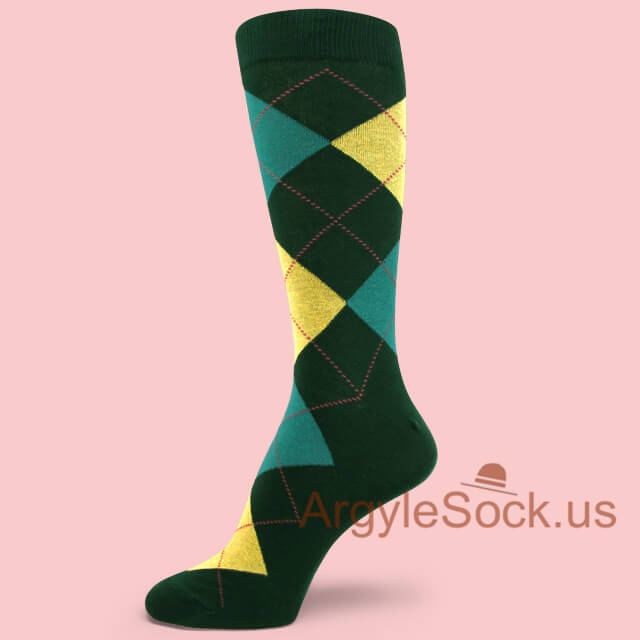 Dark Green with Light Yellow and Teal Argyle Sock for Man