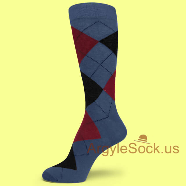 Dark Grayish Blue Dark Red Black Argyle Mans Sock