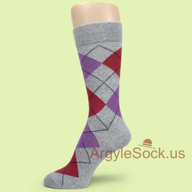 Dark Red and Lavender Argyle Gray Heather Man's Socks