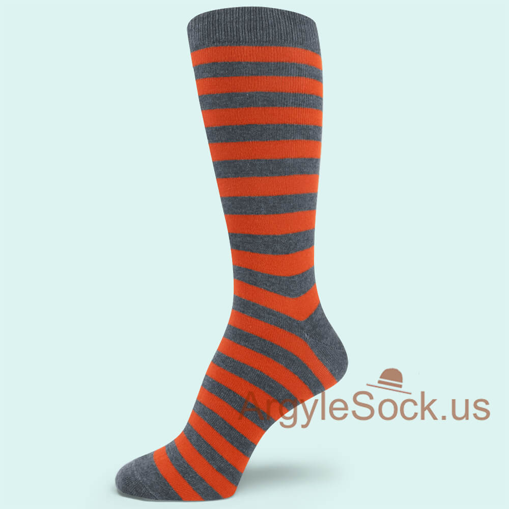 Dark Gray Dark Orange Striped Man's Sock