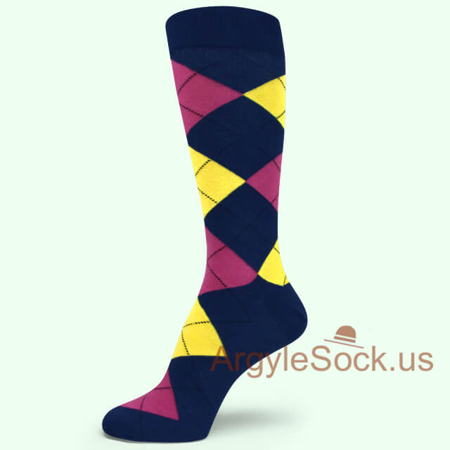 Hot Pink and Bright Yellow Navy/Midnight Blue Argyle Sock
