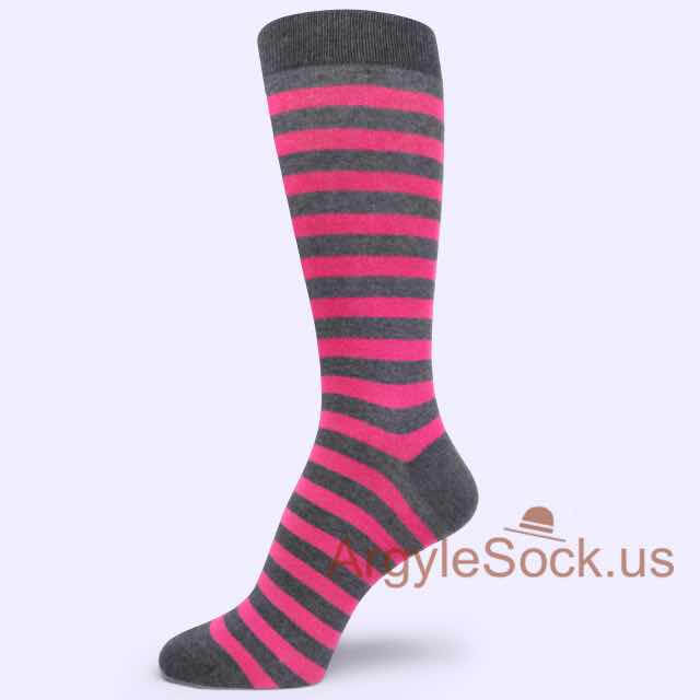 Hot Pink and Thin Charcoal Dark Grey Stripe Mans Sock