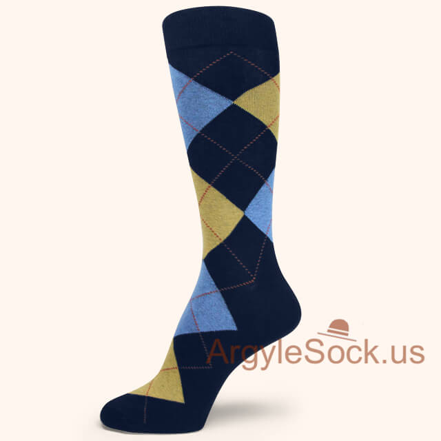Navy with Light Yellow and Light Blue Argyle Mans Sock