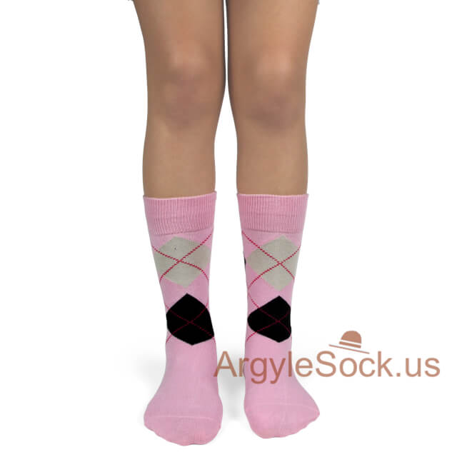 Light Pink Black Junior Ringer Bearer's Argyle Dress Socks