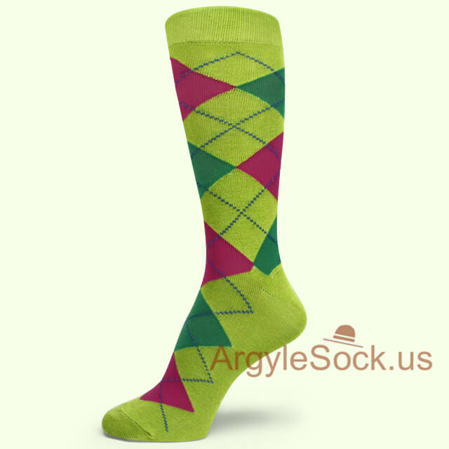 Neon Hot Pink and Green Argyle Lime Green Mans Sock