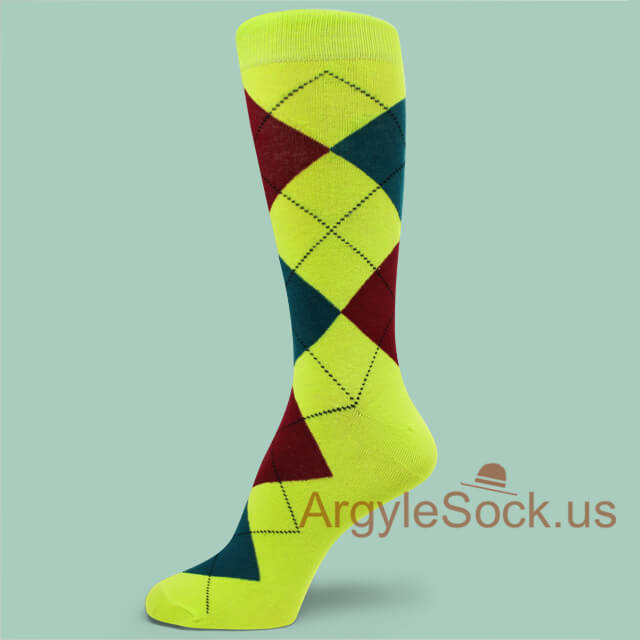 Neon Yellow with Dark Red Dark Teal Argyle Sock for Man