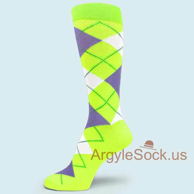 Neon Yellow with Lavender and White Mens Argyle Socks