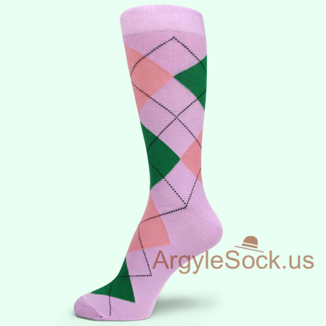 Pinky Lilac with Green and Peach Argyle Mans Sock