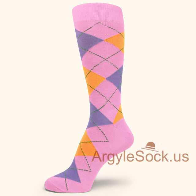 Purplish Grayish Pink Mans Sock w/ Neon Orange Lavender Argyle