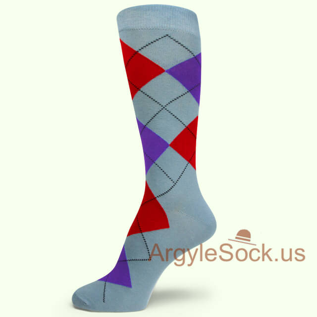 Steel Sky Blue with Violet Purple and Red Argyle Sock
