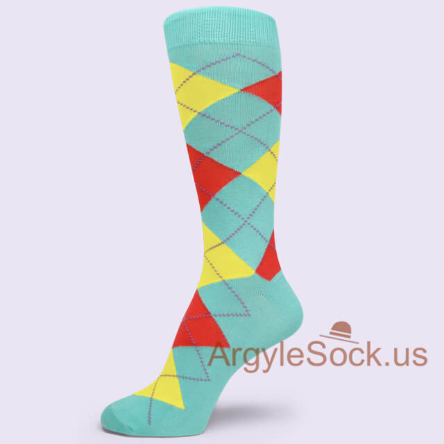 Soft Turquoise Yellow Chinese Red Argyle Sock for Men