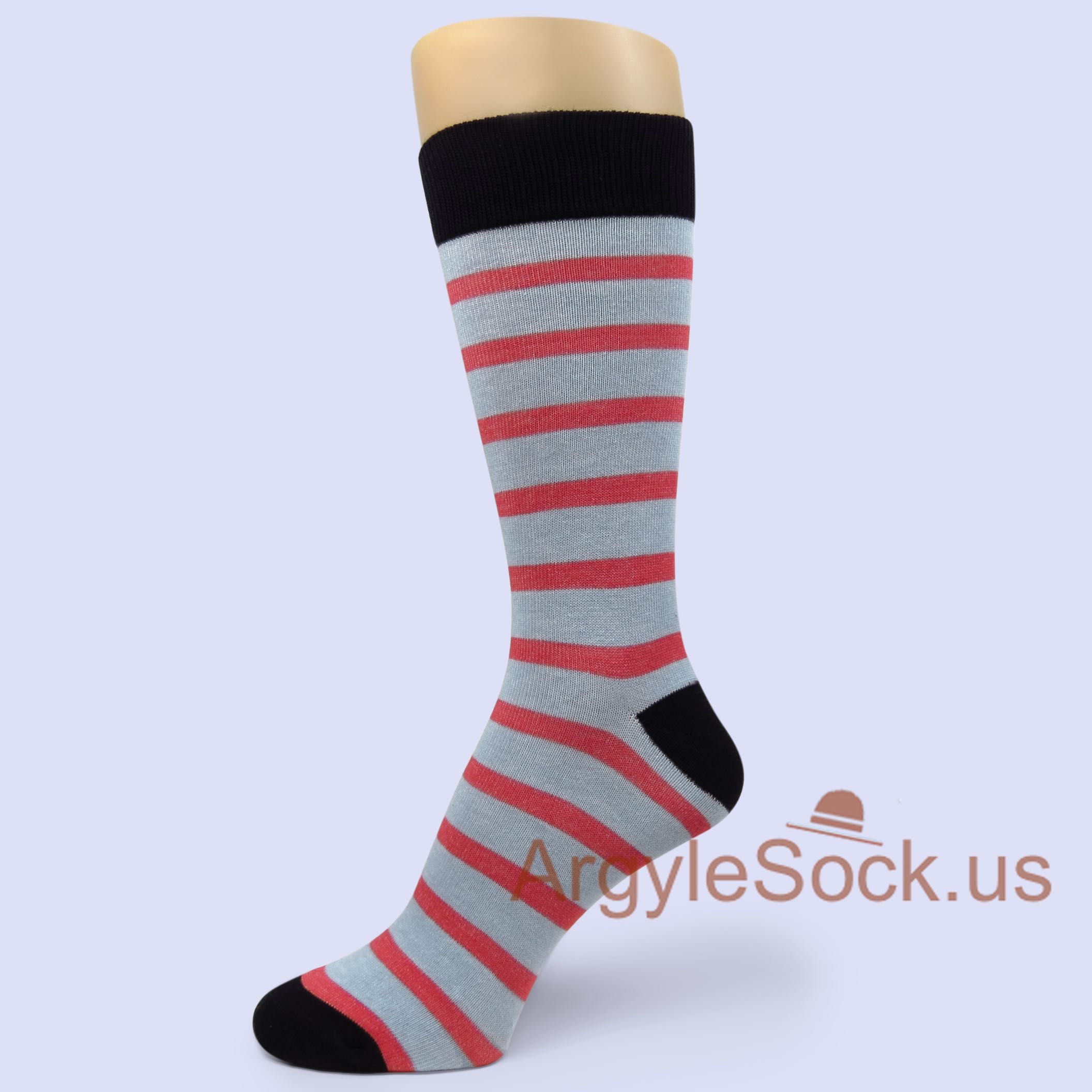 Steel Blue & Chinese Red Striped Mans Socks with Black Toe