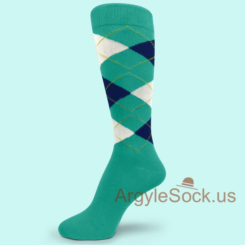 Sea Green w/ Navy/Midnight Blue Off White Argyle Groomsmen Socks