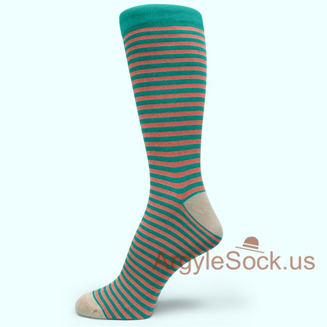 Teal and Peach/Coral Thin Striped Dress Socks for Men