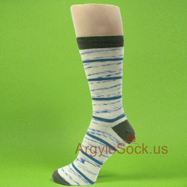 Olive Green Toed Blue Heather White Socks w/ Teal Blue Stripes
