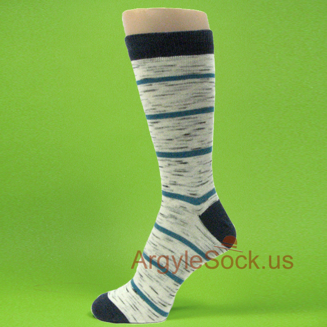 Teal Blue Striped Black Heather on White Mans Dress Socks
