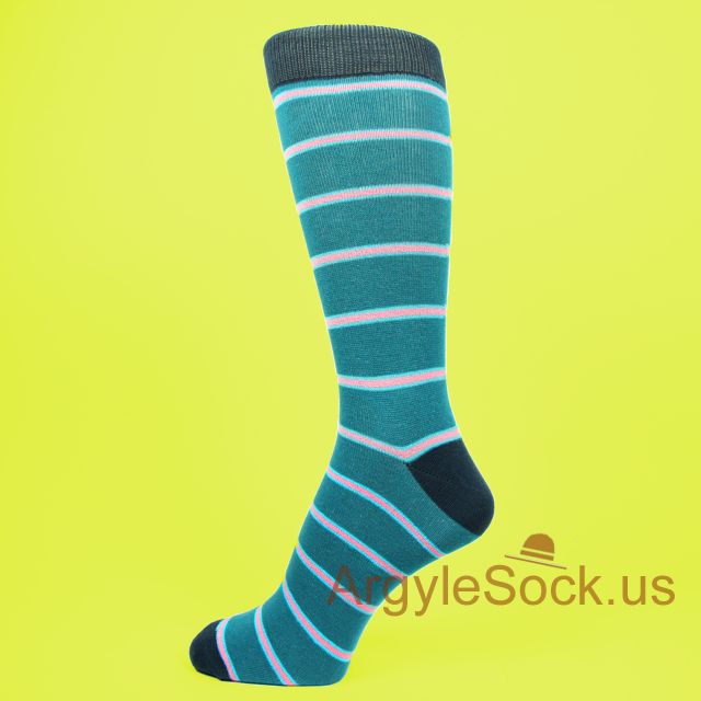 Teal Men's Dress Socks with Thin Pink Stripes