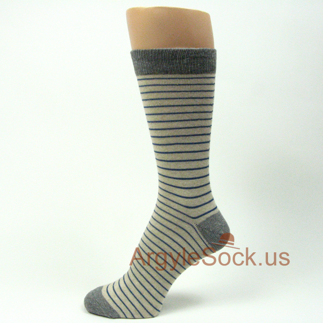 Thin Blue Stripe on Light Khaki Mens Socks w/ Charcoal Gray Toe