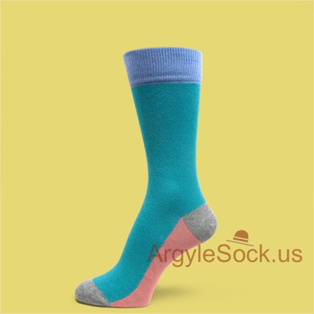 Turquoise Dress Socks for Men with Peach Sole Grey Toe & Heel