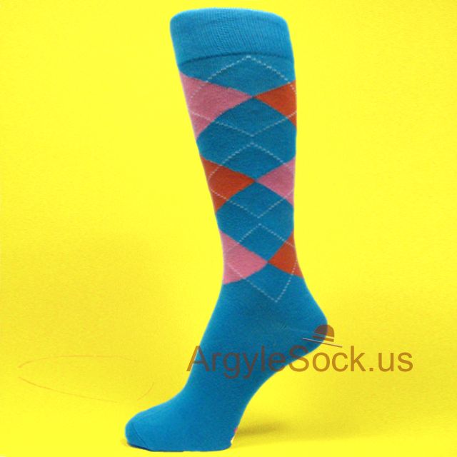 Bright Blue/Turquoise Orange Pink Argyles Groomsmen Men's Socks