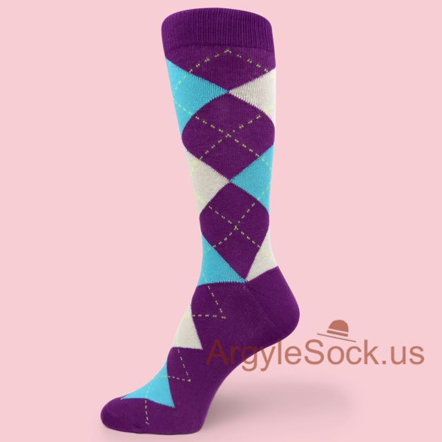 Violet Purple with Sky Blue Off-White Argyle Dress Socks