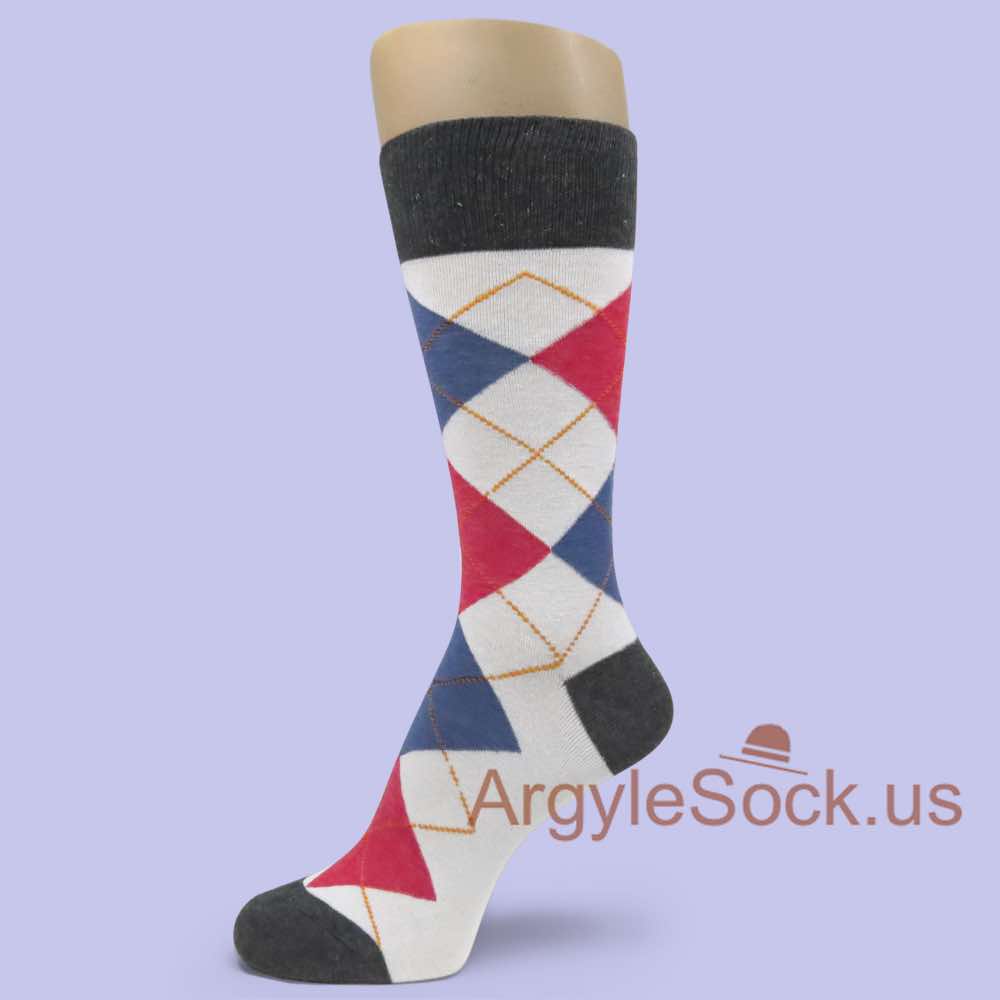 White w/ Heather Red & Dark Blue Argyle Socks w/ Grey Toe & Heel