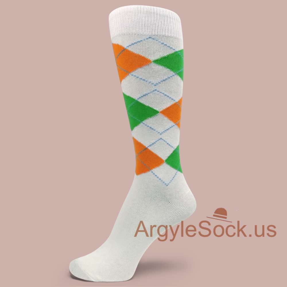 Bright Green & Orange Argyle White Men's Groomsmen's Socks