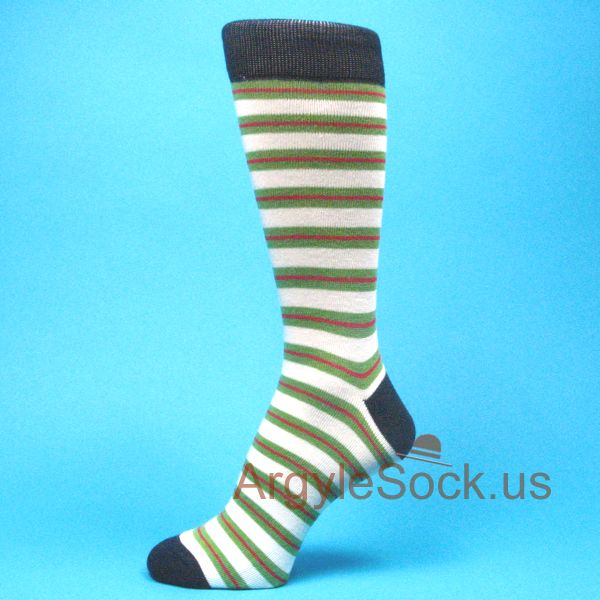 White with Army/Olive Green Red Stripes Mans Socks