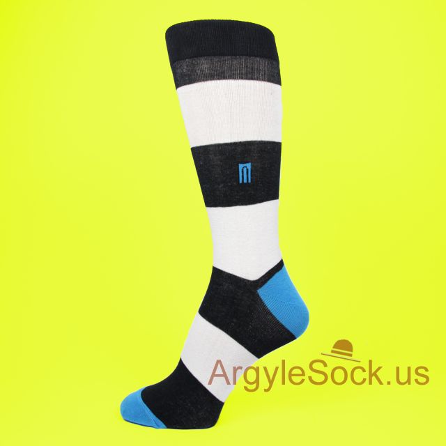 White Black Extra Wide Stripe Mens Socks w/ Bright Blue Toe Heel