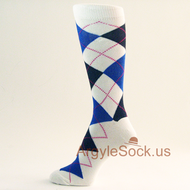 White, Blue, Black, Hot Pink Argyle Men's Dress Socks