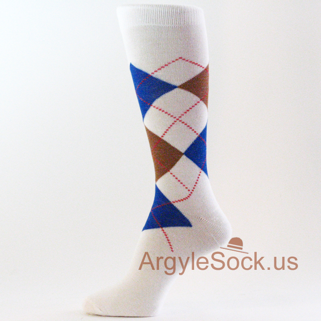 White Brown Blue Argyle Socks for Man