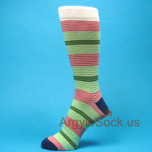 White with Thin Lime Green and Red Stripes Socks for Men