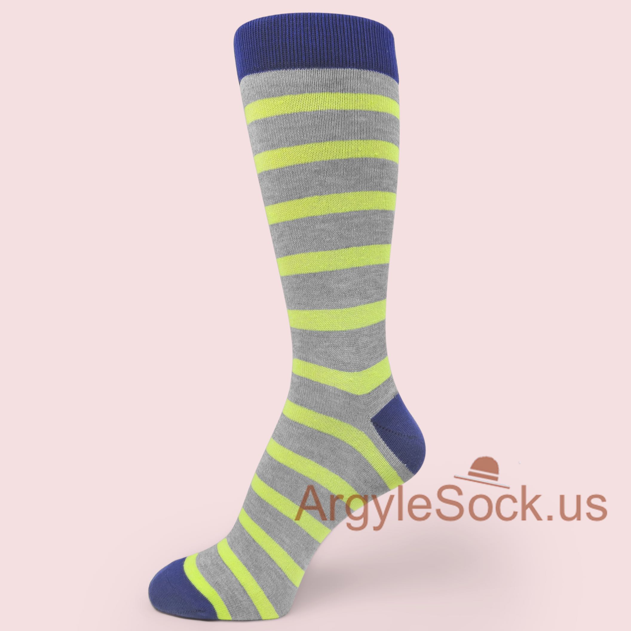 Light Yellow Stripes on Heather Grey Mans Sock w/ Dark Blue Toe
