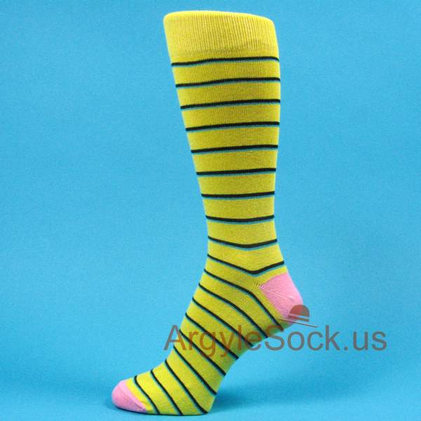 Bright Yellow with Black Turquoise Stripe Pink Toe Mans Socks