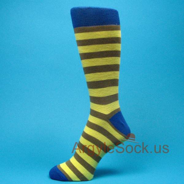 Light Yellow with Light Brown Striped Sock for Man with Blue Toe