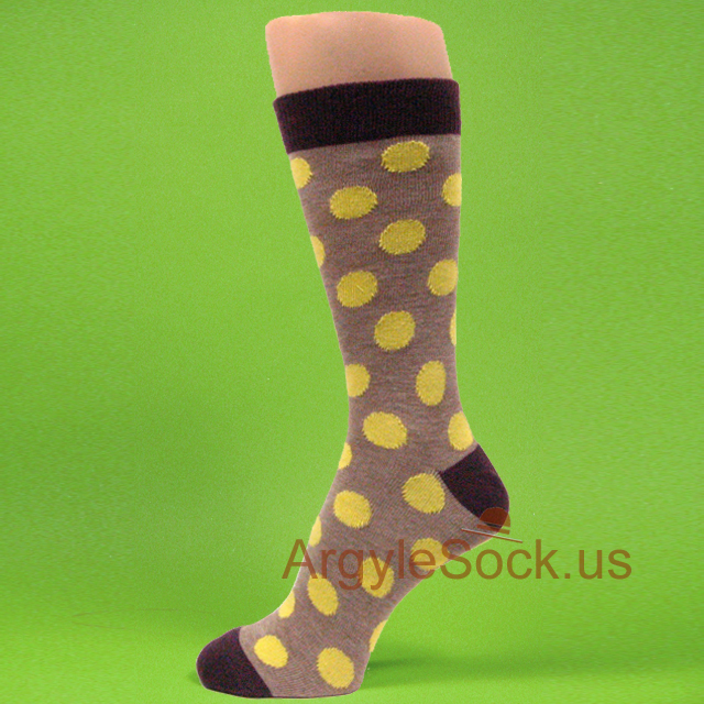 Light Yellow Polka Dots Cool Khaki Men's Dress Socks with Maroon